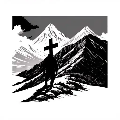 man walking up mountain on path walking up towards a cross tattoo design idea