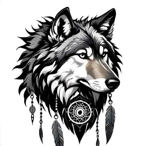 Wolf, Dream Catcher, 3 feathers hanging and evil eye talisman  tattoo design idea