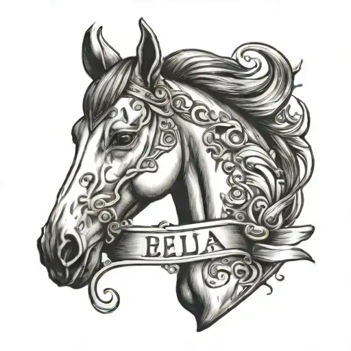 horse head tattoo with a horseshoe and the name BELLA with a small feather tattoo design idea