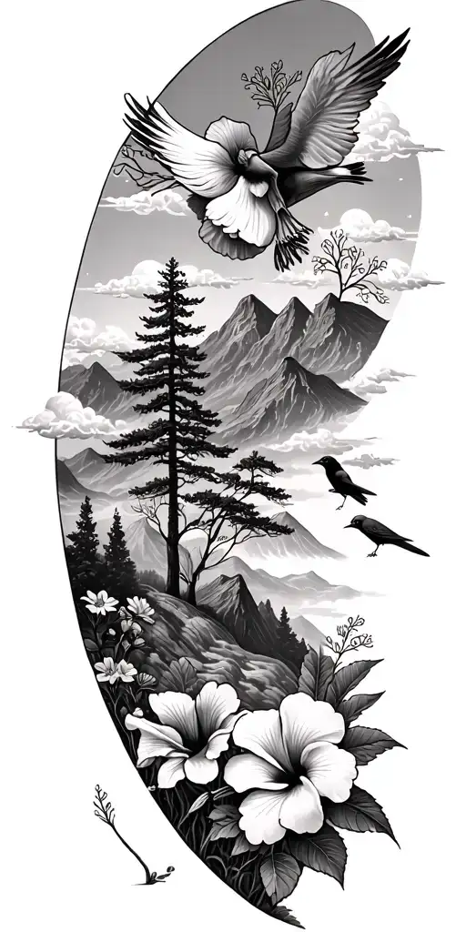 pine trees, hibiscus flowers,clouds, doves, crows, mountains, wildflowers tattoo design idea