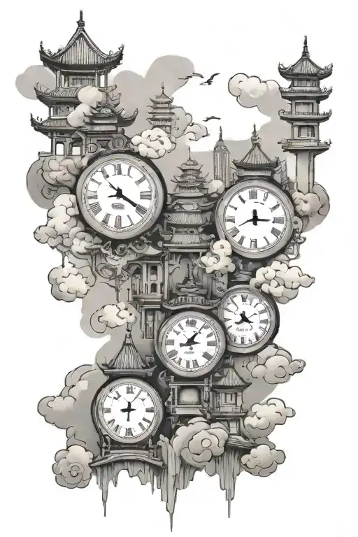 Chinese cloudy city scape with clocks and hour glasses tattoo design idea