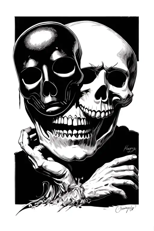 skull holding happy mask and sad mask tattoo design idea