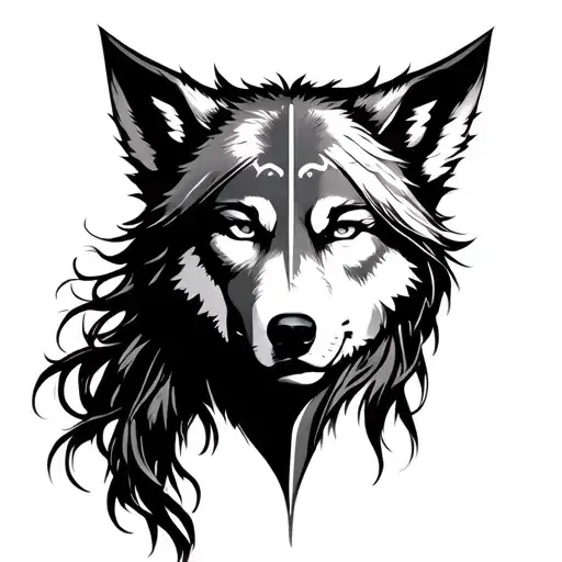 shield maiden face with wolf above her head  tattoo design idea