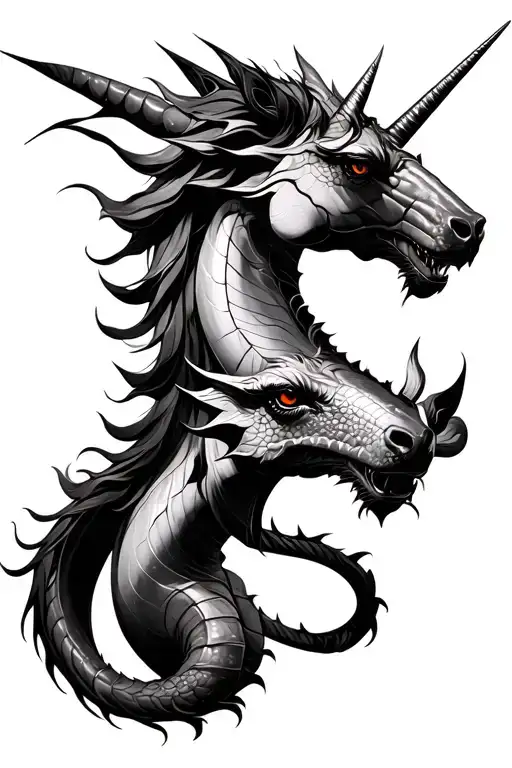 Unicorn and Dragon faced with an infinity by joining them tattoo design idea