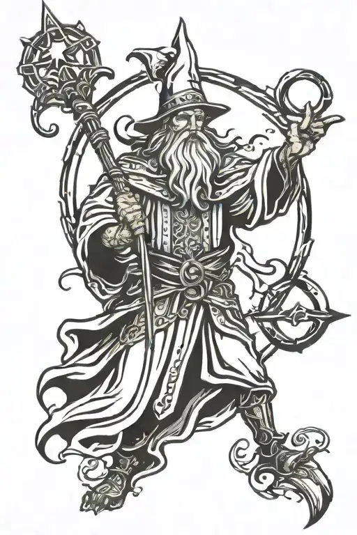 medieval wizard with large staff casting a spell skyward tattoo design idea