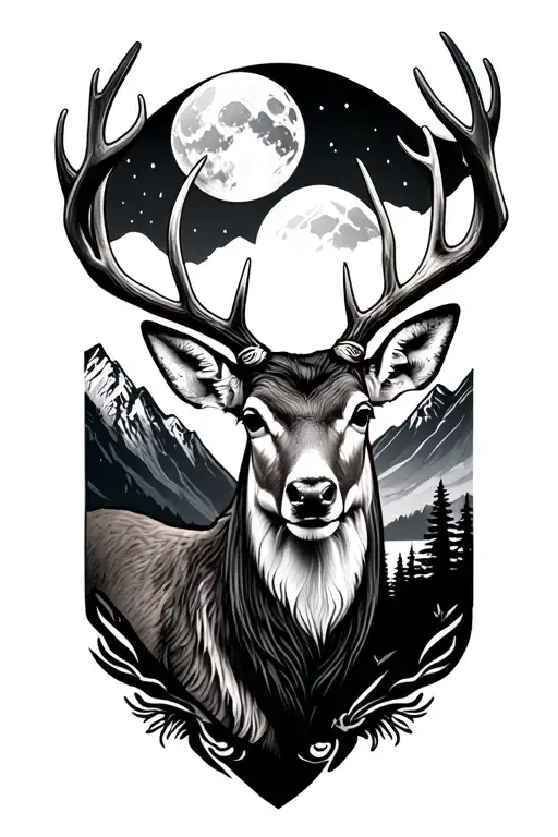 mountain range full moom deer tattoo design idea