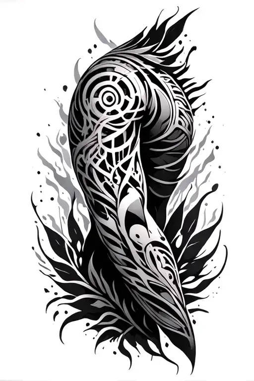 tribal, biomechanical arm sleeve tattoo design idea