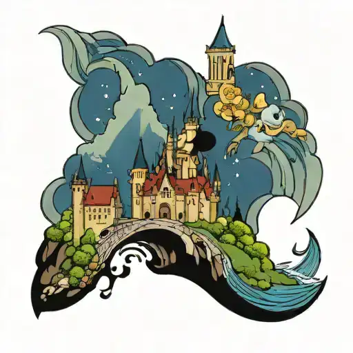 Mickey Mouse sleeve design  incorporating cinderellas castle the mountain from fantasmic. includes Minnie and Pluto  tattoo design idea