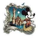 Mickey Mouse sleeve design  incorporating cinderellas castle the mountain from fantasmic. includes Minnie and Pluto  tattoo design idea