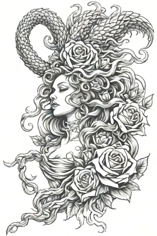 Medusa and burning roses and Phoenix rising from flames tattoo design idea