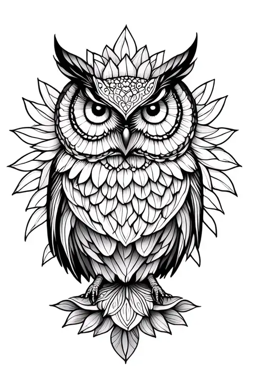 symetrical owl mandala, dot work, lotus flower, geometric, tattoo design idea