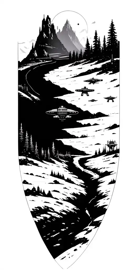A futuristic landscape tattoo featuring a symmetrical design of a hiking trail surrounded by futuristic elements like spaceships and robots tattoo design idea