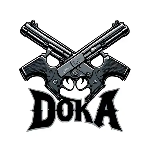 the word 'DOKA' with guns, mafia style tattoo tattoo design idea