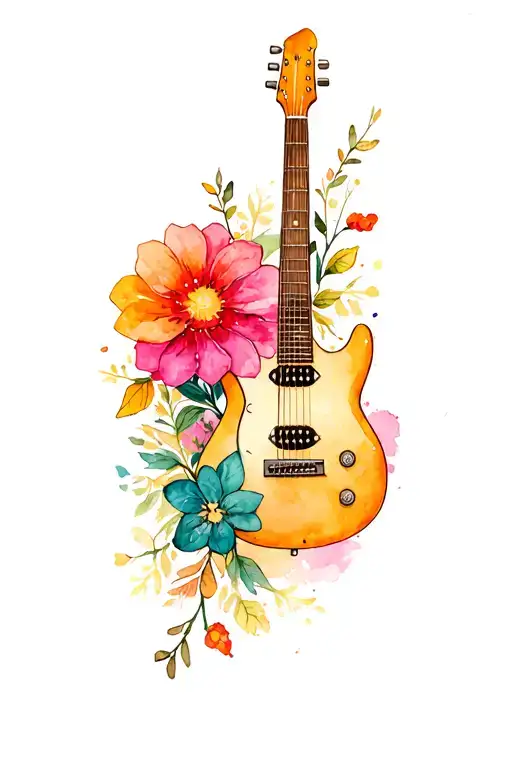 base guitar with flowers and th works let it be tattoo design idea
