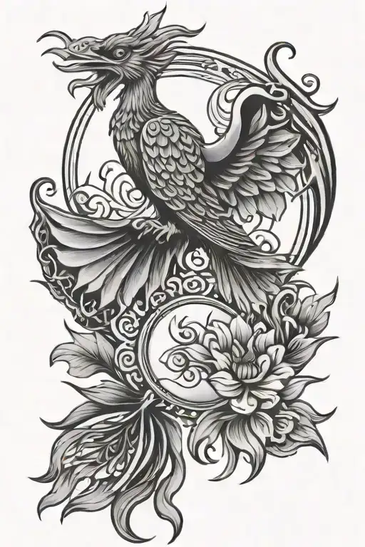 tattoo designs with phoenix lotus sun moon and good luck sign combination tattoo design idea