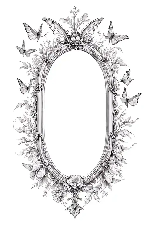 full baroque mirror frame intricate floral elements on the inside and out and luna moths outside. cursive latin inside tattoo design idea