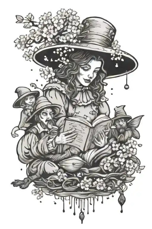 A tattoo design of a wizard of oz scene with cherry blossoms falling around the characters as they read books tattoo design idea