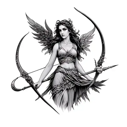 The Greek goddess Artemis with a bow in her hand, but with a dark feminine Gothic vibe tattoo design idea