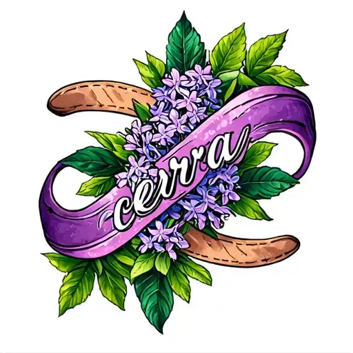 lilacs, sandal, the name "cierra" in the lines of an infinity symbol tattoo design idea