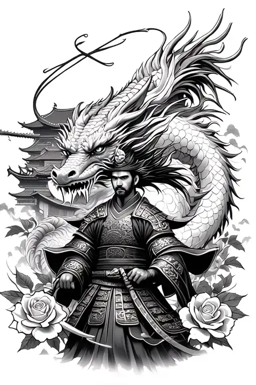 Samurai Warrior surrounded by a Japanese dragon, for the twin, and with the background of roses and a Chinese temple tattoo design idea