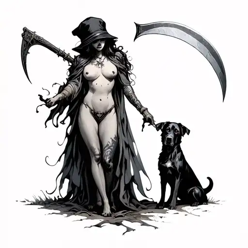 A naked girl who, in an outfit of death with a scythe in her hand and a hidden cap with a black dog with a shepherd tattoo design idea