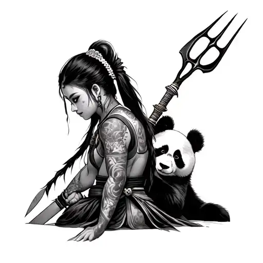 Girl with Indian features, back to a samurai, possessed above them with her trident and down a panda tattoo design idea