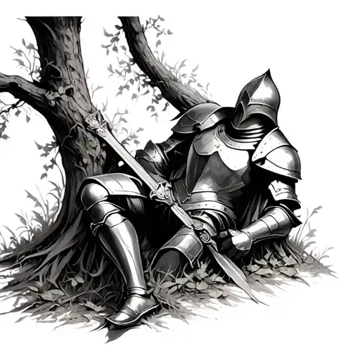 Armour of fallen knight laying against a tree where vines are growing through the armour tattoo design idea