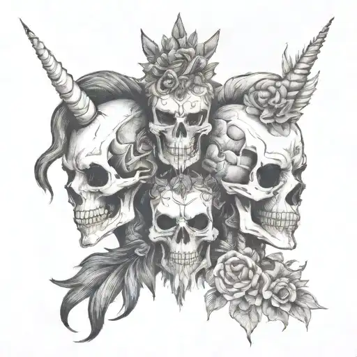 totem skuls facing different ways on top of each other. 1 is a punk rocker 2 has flowers and 3  has unicorn horn tattoo design idea