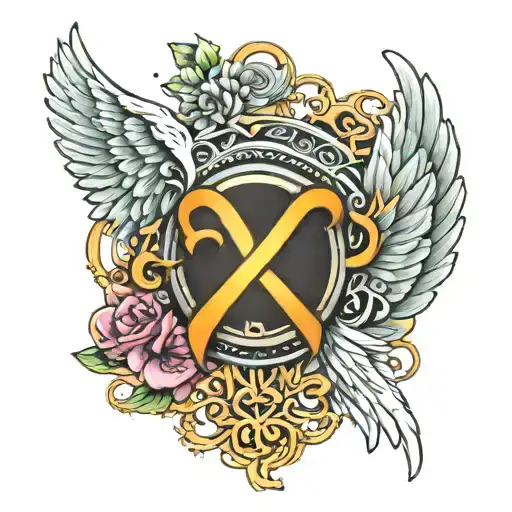Angel wings and halo with cancer ribbon and May seventh twenty twenty four in roman numerals  tattoo design idea