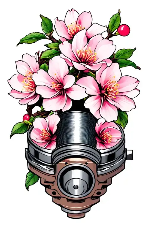 turbo, pistons, cherry blossom branch tattoo design idea