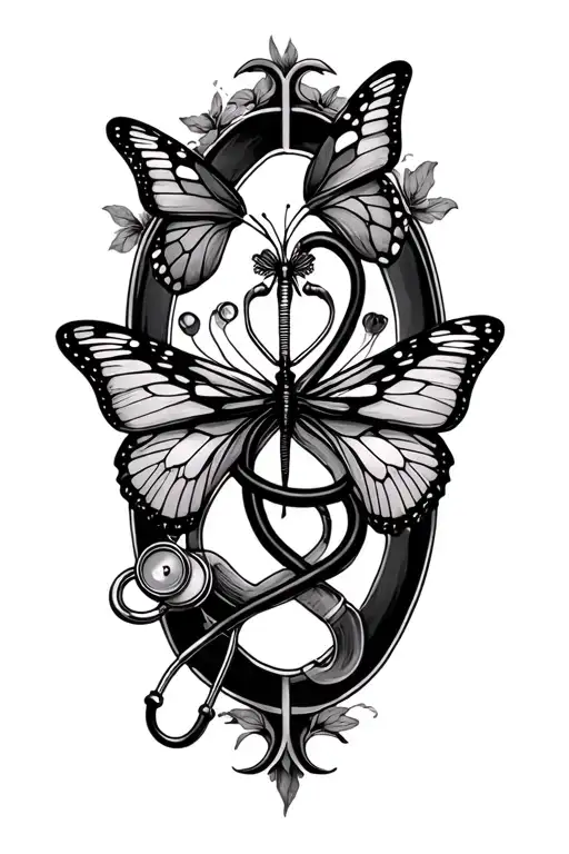 Virgo sign intertwined with a stethoscope and a butterfly with semi colon  tattoo design idea