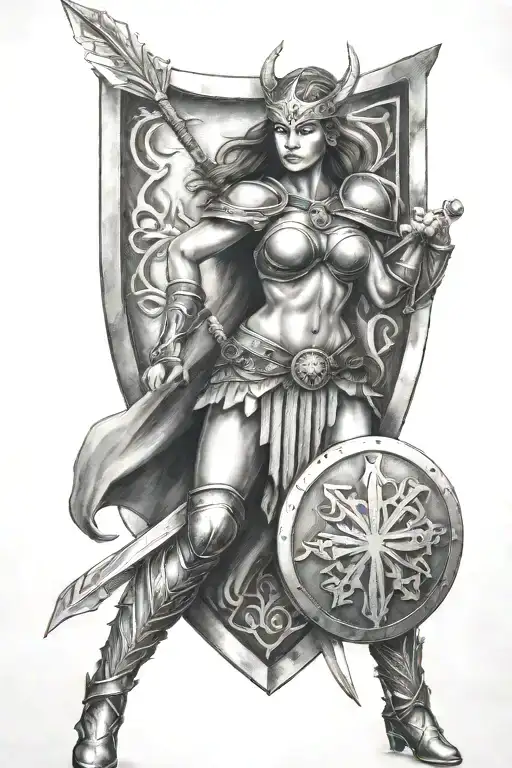 Valkyrie warrior holding spear and shield with runes of feminine power on shield  tattoo design idea