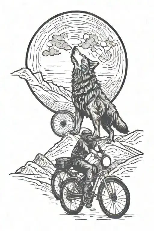 A wolf howling at a full moon while riding a bike through a scenic Ladakh landscape tattoo design idea