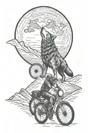 A wolf howling at a full moon while riding a bike through a scenic Ladakh landscape tattoo design idea