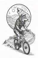 A wolf howling at a full moon while riding a bike through a scenic Ladakh landscape tattoo design idea
