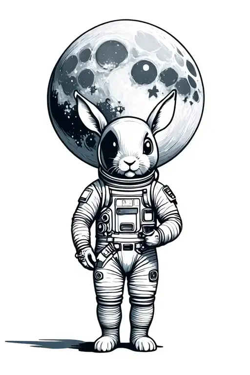 Astronaut bunny rabbit in a space suit holding a moon balloon. tattoo design idea