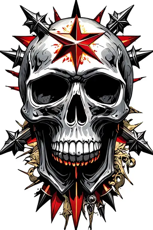 Skull with 8 pointed star background. Star tips spearheaded. No color in design.  tattoo design idea