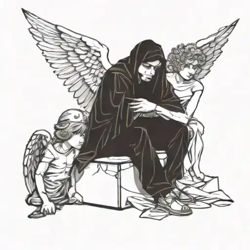 a boy crying at an executioner and an angel on the chopping block tattoo design idea