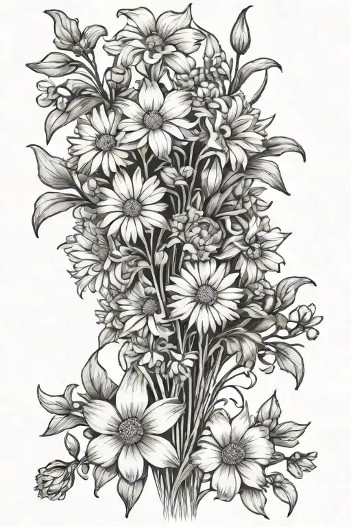 daisies daffodils marigolds in a bouquet fineline tattoo design idea