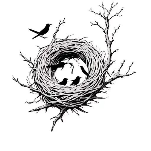 3 birds, nest, tree branch tattoo design idea