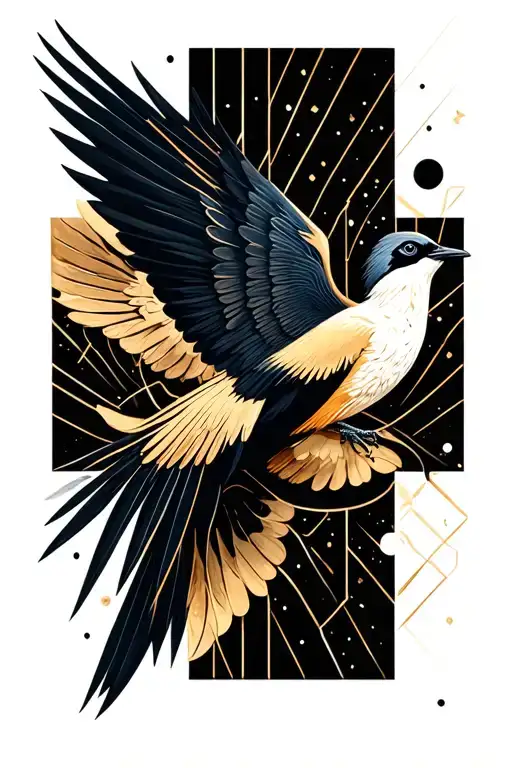 kintsugi beo bird flying Wings spread in nature scene tattoo design idea