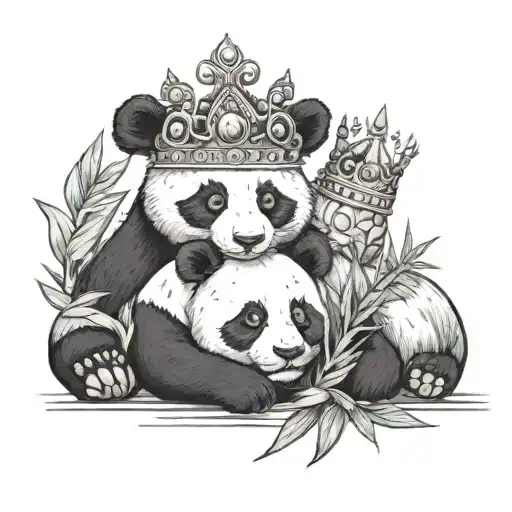 One panda with a crown eating bamboo and one panda wearing a tiara laying down tattoo design idea