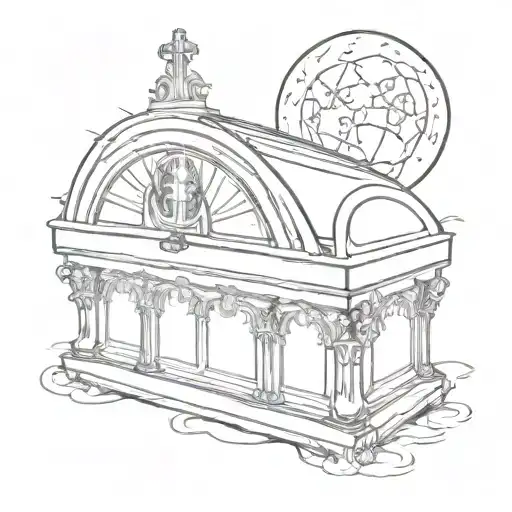 a casket with a gothic church on the lid with a waning gibbous moon phase illuminating either the whole thing or the chu tattoo design idea