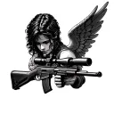 Black tattoo sketch. Guardian angel aiming at a sniper rifle. Sniper rifle SVD tattoo design idea