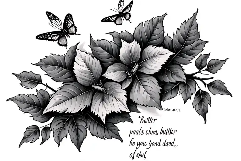 leaf vines with psalm 46:5 and butter flies tattoo design idea