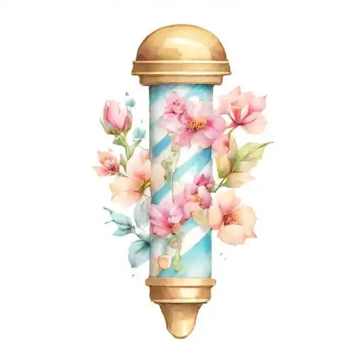 barber pole surrounded by flowers tattoo design idea