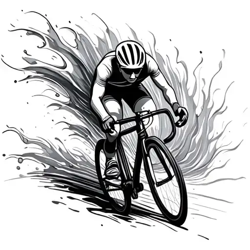 Please render a monochromatic lines tracing the turbulent flow behind a cyclist tattoo design idea