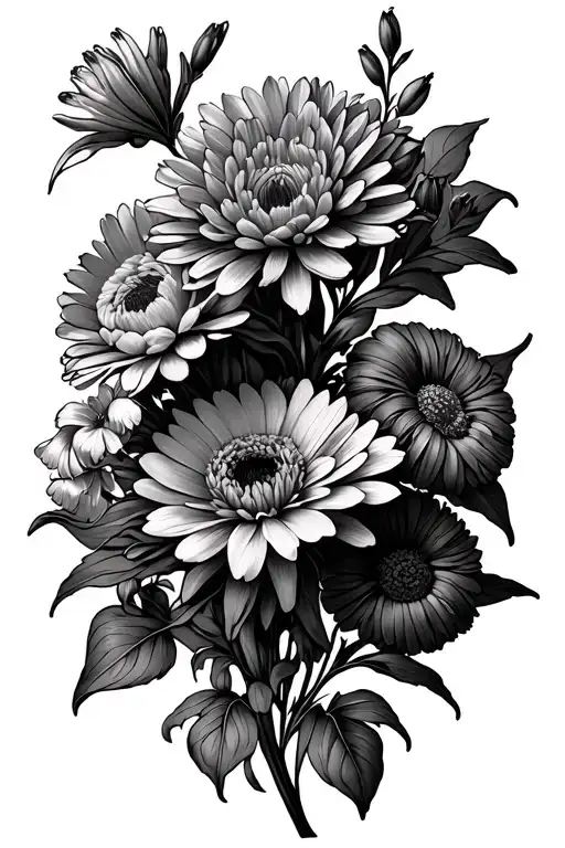 flower bunch with a chrysanthemum,  gladiolus, sweat pea, larkspur, carnation tattoo design idea