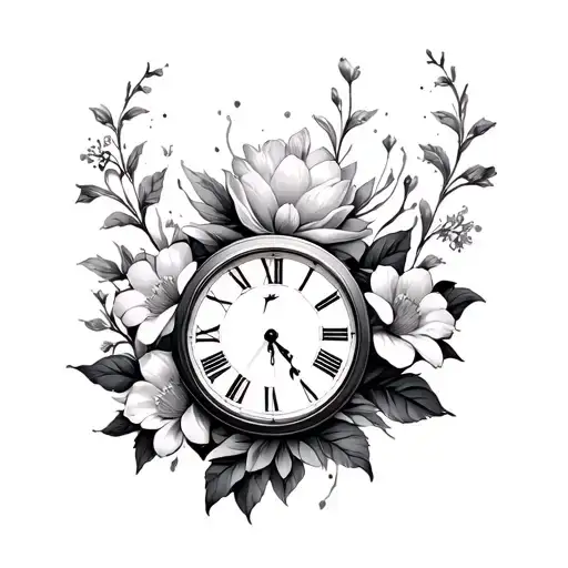 clock, flowers intertwined, tattoo design idea