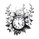 clock, flowers intertwined, tattoo design idea